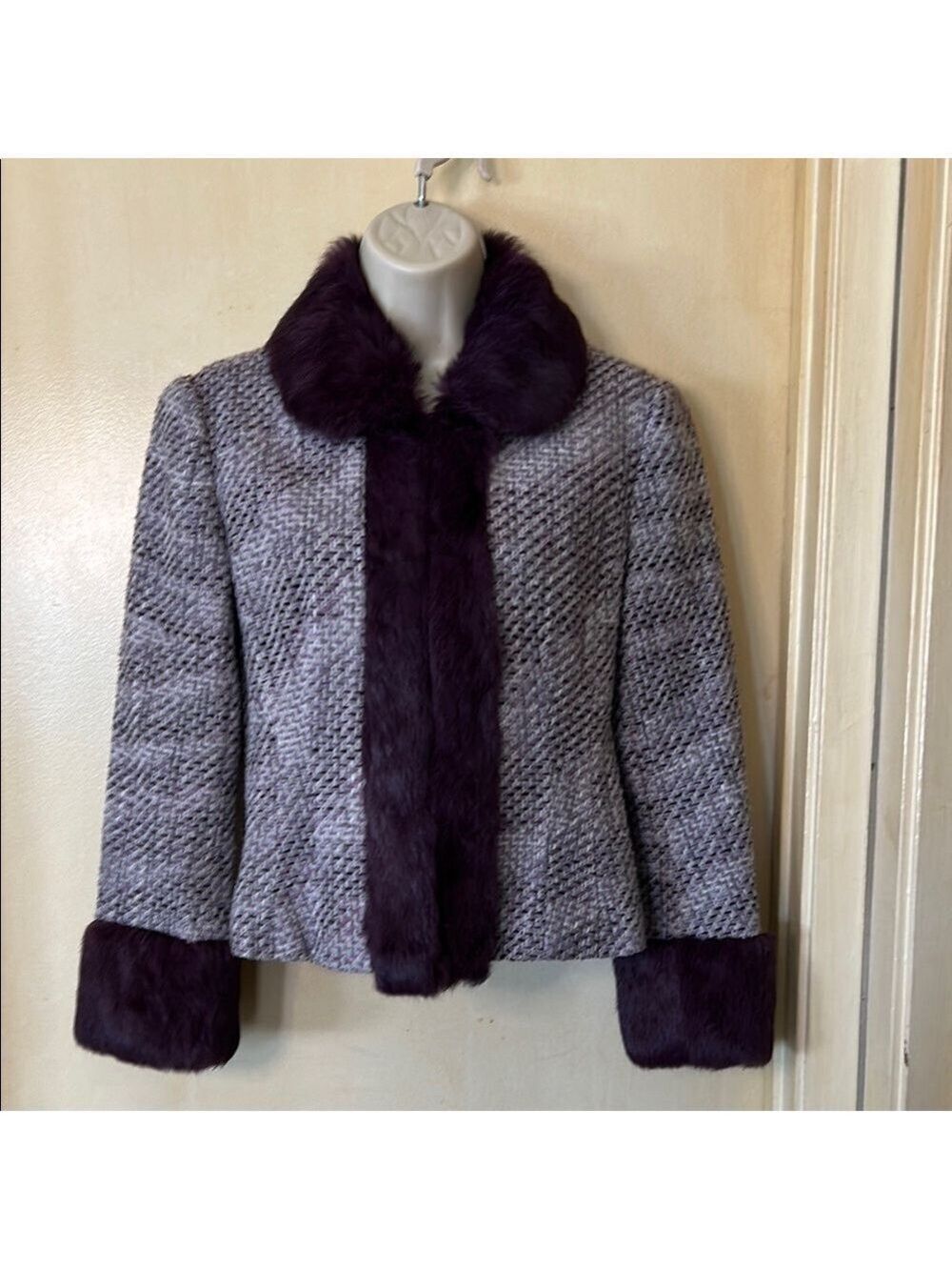 Bebe Gray and Purple Tweed Jacket with Rabbit Fur Collar and Cuffs size S